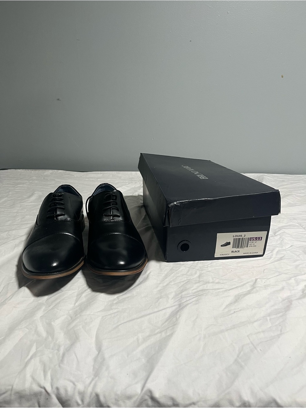 Bruno Marc Black Leather Derby Shoes with Brown Edge Trim